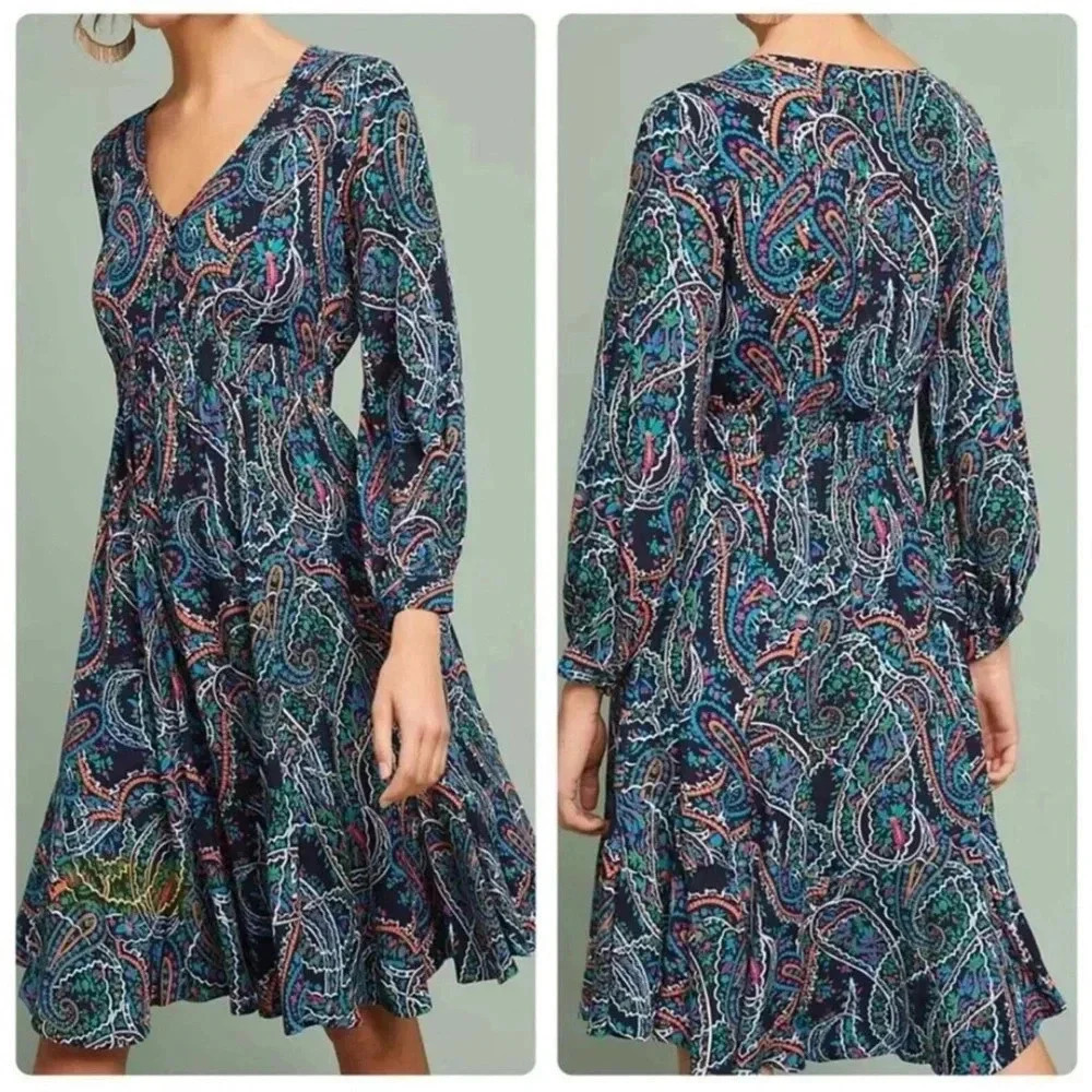 ANTHROPOLOGIE | Maeve Maplewood Blue Paisley V Neck Midi Dress Womens Size S